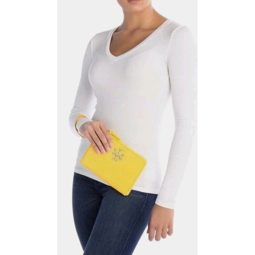 NEW Tory Burch Patent Wristle Leather Britten‎ Large Zip Pouch Yellow Chartreuse